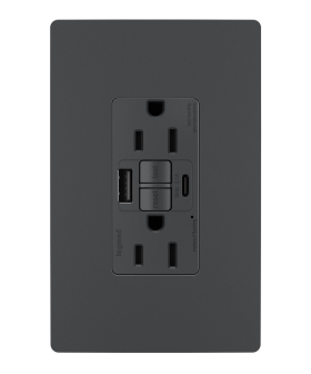 Pass & Seymour radiant 1597TRUSBACGC4 radiant Tamper-Resistant 15A Duplex Self-Test GFCI Receptacles with SafeLock Protection USB Type A/C Graphite C4