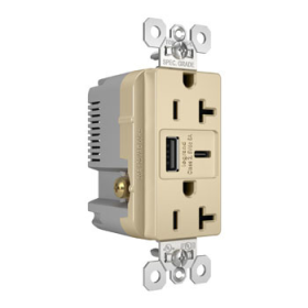 Pass & Seymour TR20USBAC6I 20A 125V Tamper-Resistant Duplex Receptacle with USB A/C Fast Charging Ports Ivory