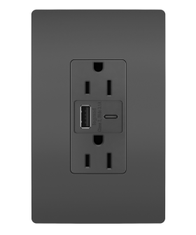 Pass & Seymour radiant R26USBACBK Hybrid USB Charger With Duplex 15 A NEMA 5-15R Tamper-Resistant Receptacle, 125 VAC, 15 A, Black