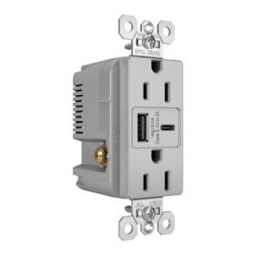 Pass & Seymour TR15USBAC6GRY 15A 125V Tamper-Resistant Duplex Receptacle with USB A/C Fast Charging Ports Gray