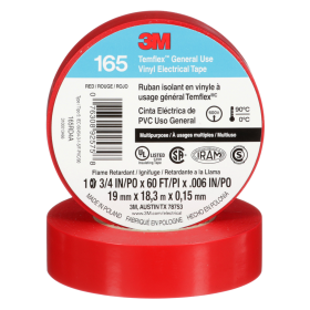 3M 165RD4A Red Temflex Vinyl Electrical Tape 165 3/4 in X 60 ft (19 mm X 18 m) 6 Mil 100 Rolls/Case