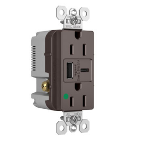 Pass & Seymour TR15HUSBAC 15A 125V Hospital-Grade Tamper-Resistant Duplex Receptacle with USB A/C Charging Ports Brown