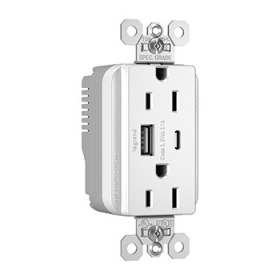 Pass & Seymour PTTR15ACUSBW PlugTail Duplex Tamper Resistant USB Charging Receptacle, 15 A, 125 VAC, White