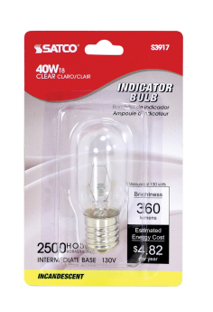 Satco S3917 T8 Incandescent Lamp 40 Watts Intermediate E17 Base 360 Lumens Dimmable Warm White