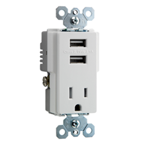 Pass & Seymour TradeMaster TM8-USBWCC6 Combination Decorator Tamper Resistant Receptacle and USB Charger, 15 A 125 VAC, 2 Poles, 3 Wires, White