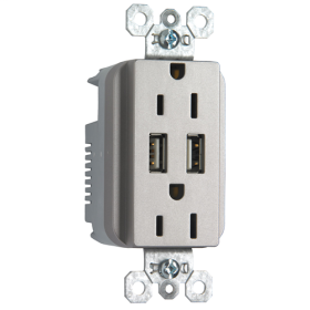 Pass & Seymour radiant TM-826USBNICC6 Decorator USB Charger With Duplex Temper Resistant Receptacle, 15 A, 125 VAC, 2 Poles, 3 Wires, Nickel