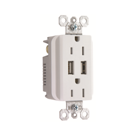 Pass & Seymour radiant TM-826USBWCC6 Decorator USB Charger With Duplex Temper Resistant Receptacle, 15 A, 125 VAC, 2 Poles, 3 Wires, White