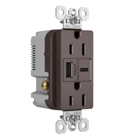 Pass & Seymour TR15USBAC 15A 125V Tamper-Resistant Duplex Receptacle with USB A/C Charging Ports Brown