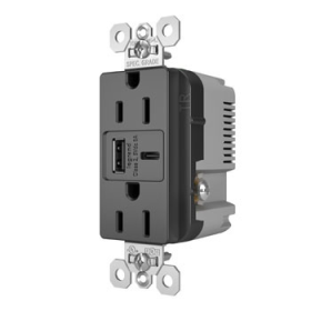 Pass & Seymour TR15USBAC6BK 15A 125V Tamper-Resistant Duplex Receptacle with USB A/C Fast Charging Ports Black