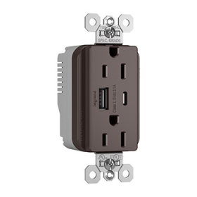 Pass & Seymour PTTR15ACUSB PlugTail Duplex Tamper Resistant USB Charging Receptacle, 15 A, 125 VAC, Brown