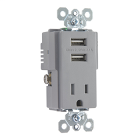 Pass & Seymour TR5261USB-GRY Decorator USB Charger With Tamper Resistant Receptacle, 15 A, 125 VAC, 2 Poles, 3 Wires, Gray