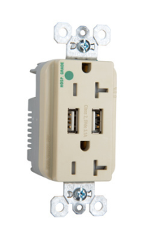 Pass & Seymour TR-8300HUSBI Decorator Duplex Tamper Resistant Straight Blade Receptacle With (2) 3.1 A USB Chargers, 125 VAC, 20 A, Ivory