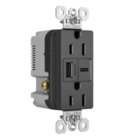 Pass & Seymour TR15USBACBK 15A 125V Tamper-Resistant Duplex Receptacle with USB A/C Charging Ports Black