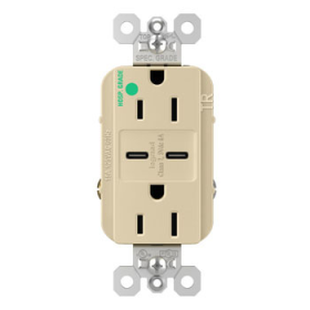 Pass & Seymour TR15HUSBCC6I 15A 125V Hospital-Grade Tamper-Resistant Duplex Receptacle with USB C/C Fast Charging Ports Ivory