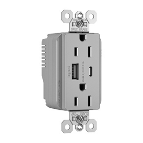 Pass & Seymour PTTR15ACUSBGRY PlugTail Duplex Tamper Resistant USB Charging Receptacle, 15 A, 125 VAC, Gray