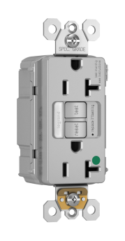 Pass & Seymour PT2097-HGNTLTRGRY Combination Self-Test Tamper Resistant GFCI Receptacle With Nightlight, 125 VAC, 20 A, 2 Poles, 3 Wires, Gray