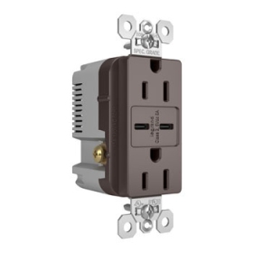 Pass & Seymour TR15USBCC6 15A 125V Tamper-Resistant Receptacle with Two USB C/C Fast Charging Ports Brown