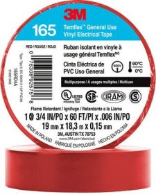 3M 165RD4A Red Temflex Vinyl Electrical Tape 165 3/4 in X 60 ft (19 mm X 18 m) 6 Mil 100 Rolls/Case