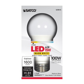 Satco S29815 A19 LED Lamp 15 Watts 2700K Medium E26 Base 1600 Lumens Dimmable Warm White 6 per Box