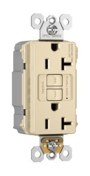 Pass & Seymour PlugTail PT2097-I Self-Test Duplex GFCI Receptacle, 125 VAC, 20 A, 2 Poles, 3 Wires, Ivory