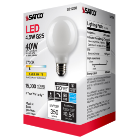 Satco S21230 G25 LED Lamp 4.5 Watts Medium E26 Base 350 Lumens Dimmable Warm White