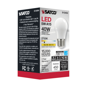 Satco S12404 A15 LED Lamp 5 Watts Medium E26 Base 450 Lumens Dimmable Warm White 6 per Pack