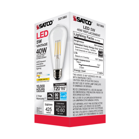 Satco S21360 ST19 LED Filament Lamp 5 Watts 2700K Medium E26 Base 425 Lumens Dimmable Warm White 6 per Pack