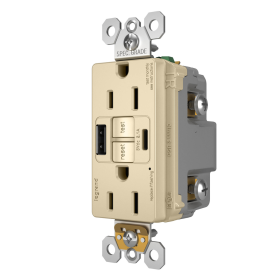 Pass & Seymour radiant 1597TRUSBAC-I 15A Tamper-Resistant Self-Test GFCI USB Type-AC Outlet Ivory