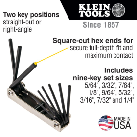 Klein Tools 70591 Folding Hex Key Set 9-Key SAE Sizes