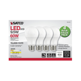 Satco S11415 A19 LED Lamp 9.5 Watts 3000K Medium E26 Base 800 Lumens Dimmable Soft White 4 per Pack