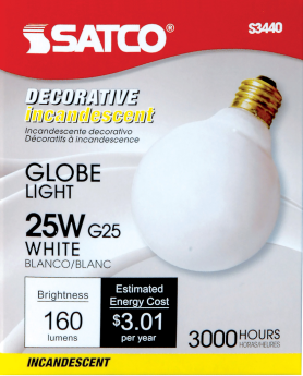 Satco S3440 G25 Incandescent Lamp 25 Watts Medium E26 Base 160 Lumens Dimmable Warm White 6 per Box