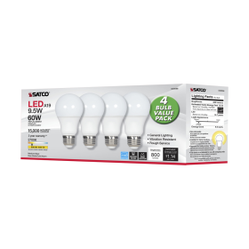 Satco S39596 A19 LED Lamp 9.5 Watts 2700K Medium E26 Base 800 Lumens Dimmable Warm White