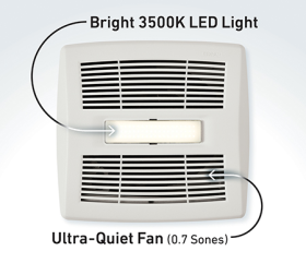 Broan AE50110DCL Flex DC Series Ventilation Fan with LED Light (Dimmable) 50/80/110 CFM Selector 9-1/4 x 10 In. Housing