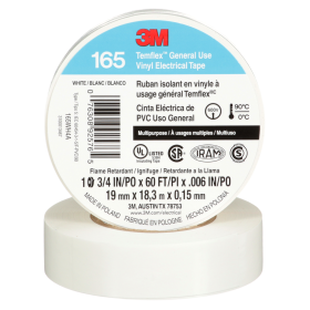 3M 165WH4A White Temflex Vinyl Electrical Tape 165 3/4 in X 60 ft (19 mm X 18 m) 6 Mil 100 Rolls/Case