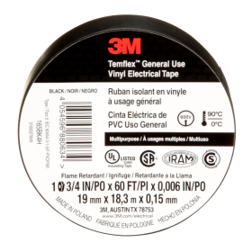 3M 165BK4A Black Temflex Vinyl Electrical Tapre 165 3/4 in X 60 ft (19 mm X 20 m) 6 Mil 100 Rolls/Case